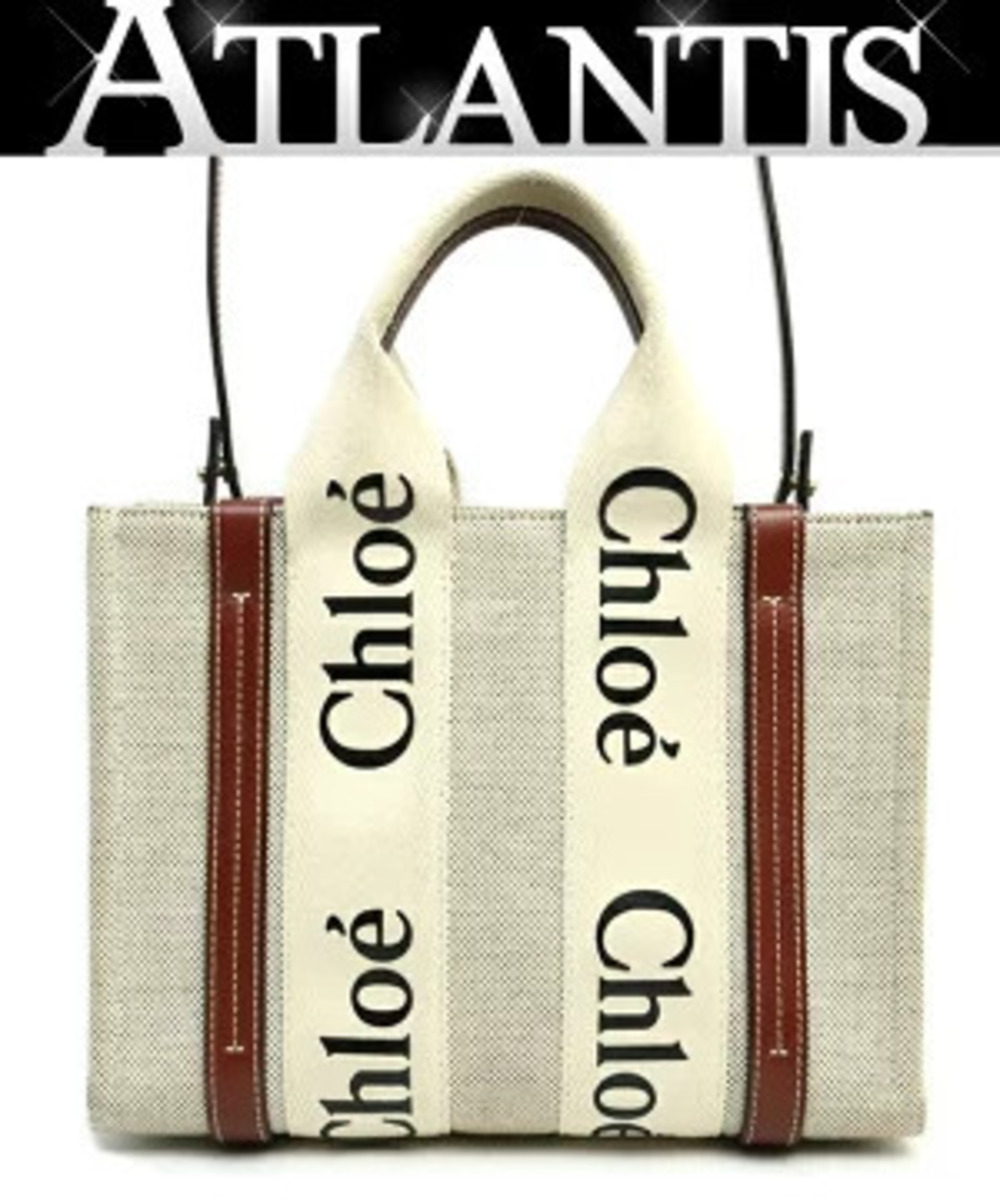 Chloe Woody Tote Bag Canvas x Leather Beige Cream Brown